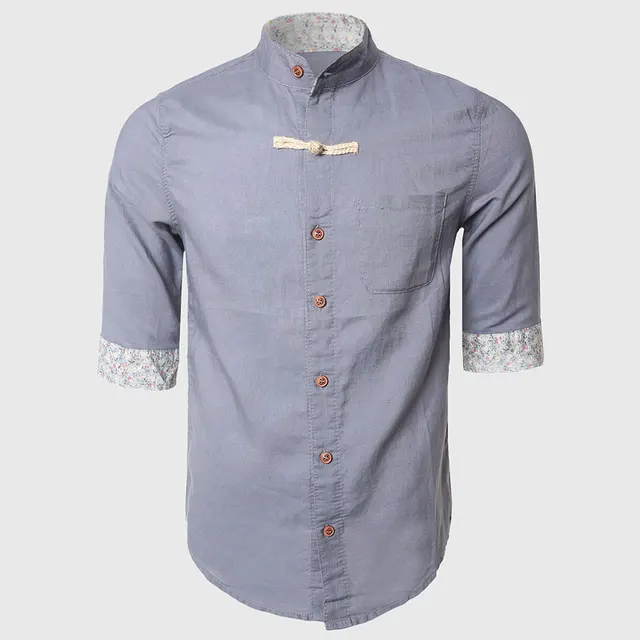Men Cotton Linen Button Shirt Half Sleeve Dress Shirts Chinese