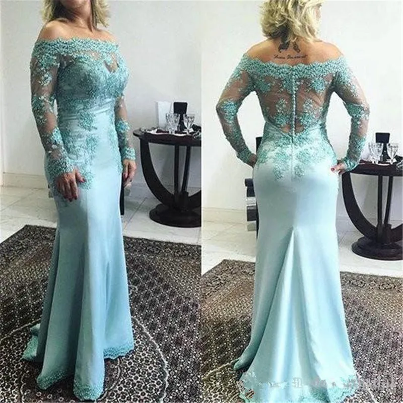 Formelle Bleu Dentelle Appliques Sirène Robe de Soirée Simple Bateau Cou À Manches Longues Longues Robes