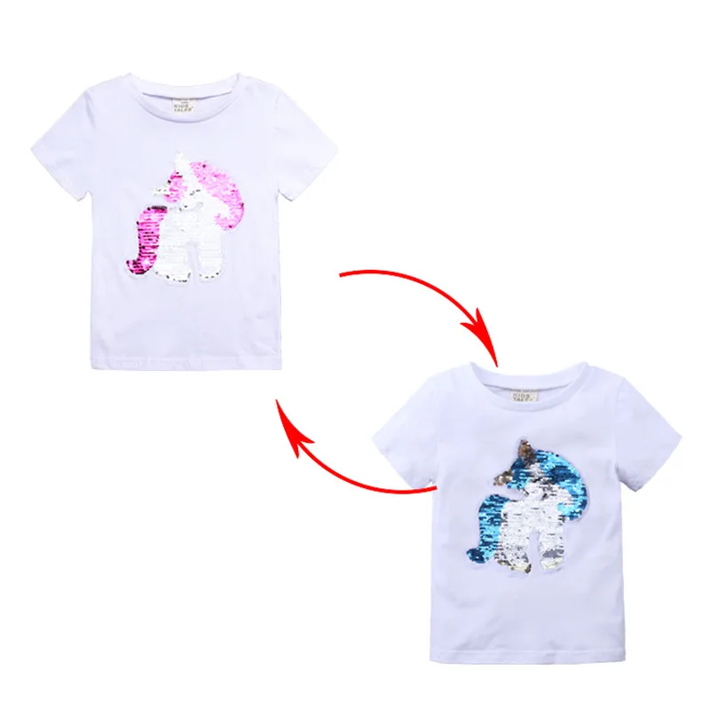 PR-361, летние топы для мальчиков, волшебная Блестящая футболка с блестками для мальчиков и девочек 2-7T хлопковые топы, детский волшебный пуловер для обесцвечивания