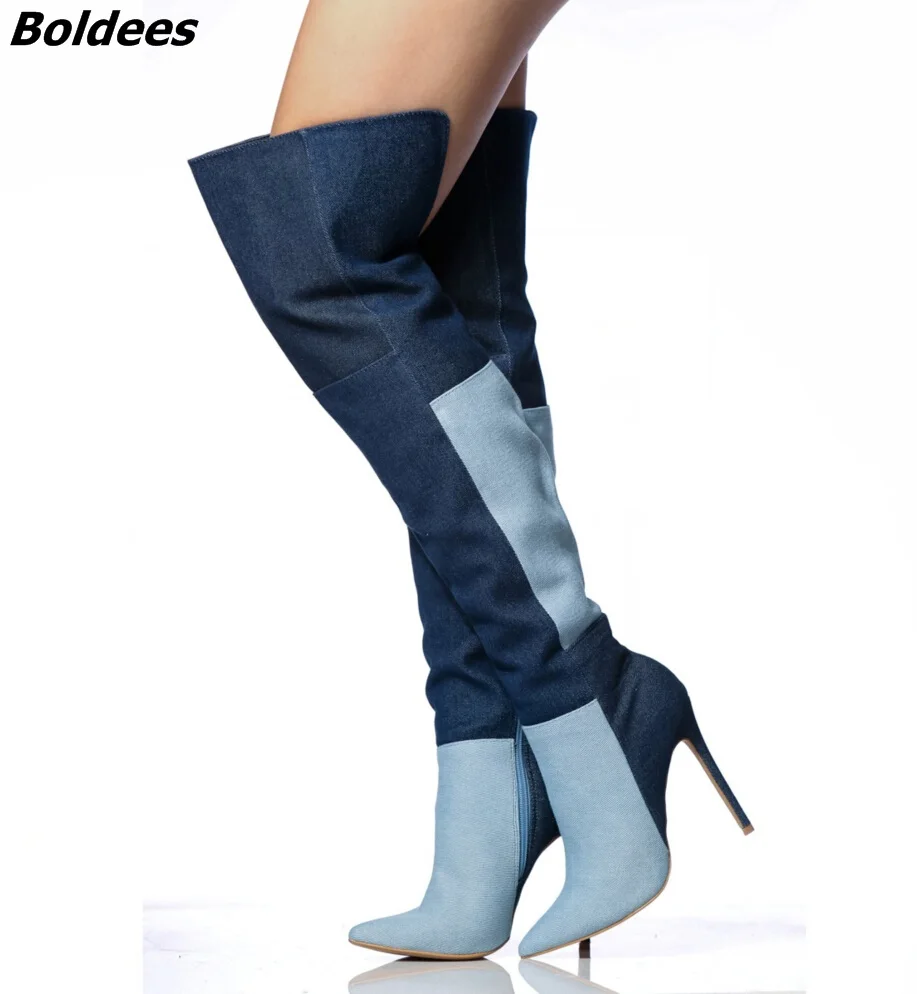 

New Designer Color Matched Jeans Boots Sexy Women Denim Pointy Stiletto High Heel Over The Knee High Boots Classy Shoes Hot Sell