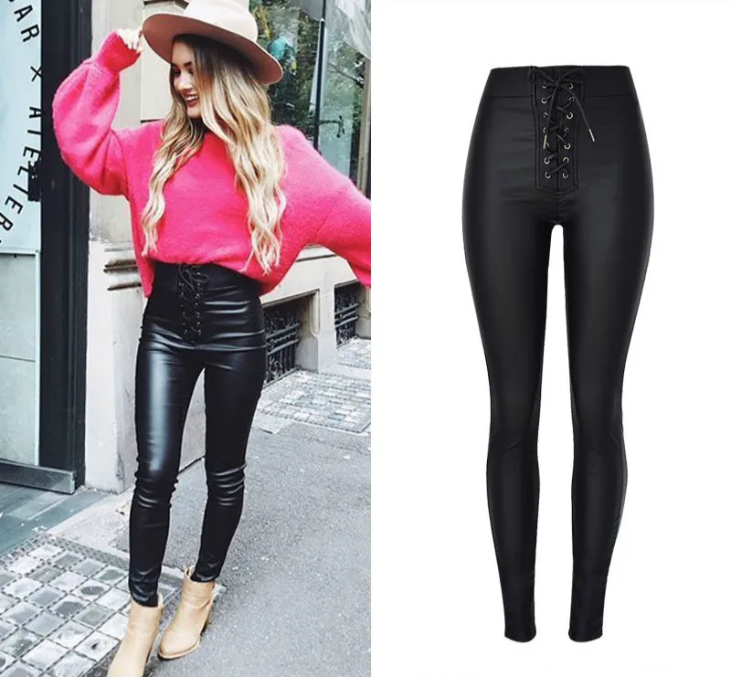 

Spring Fashion High Waist Long Pants Lace Up Skinny Elastic Coated Pants Women Casual Faux PU Leather Jeans Sexy Pencil Pants