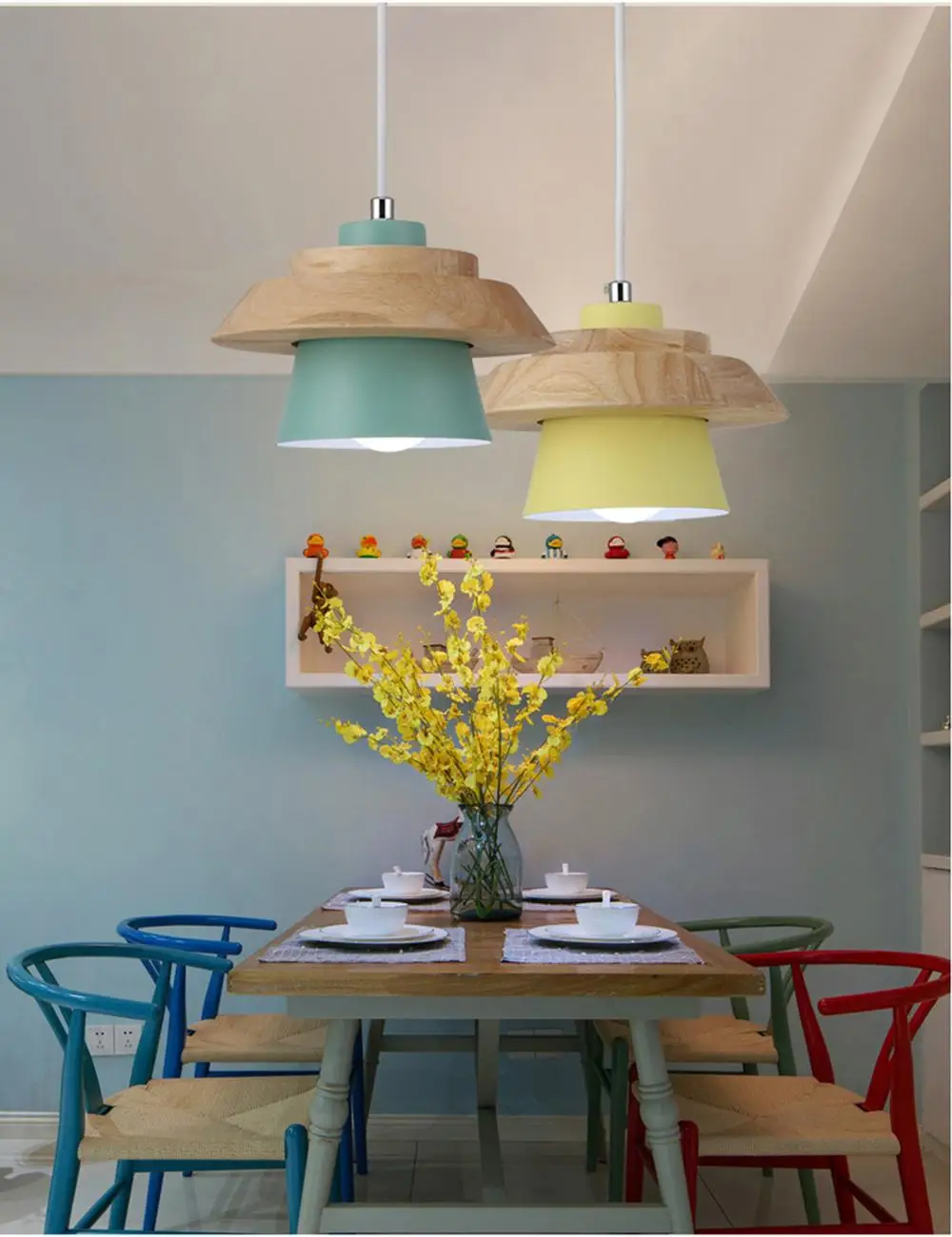 Шестицветные подвесные светильники для столовой, подвесные лампы, современный цвет, для ресторана, кофе, спальни, освещение из железа+ твердой древесины, E27 держатель