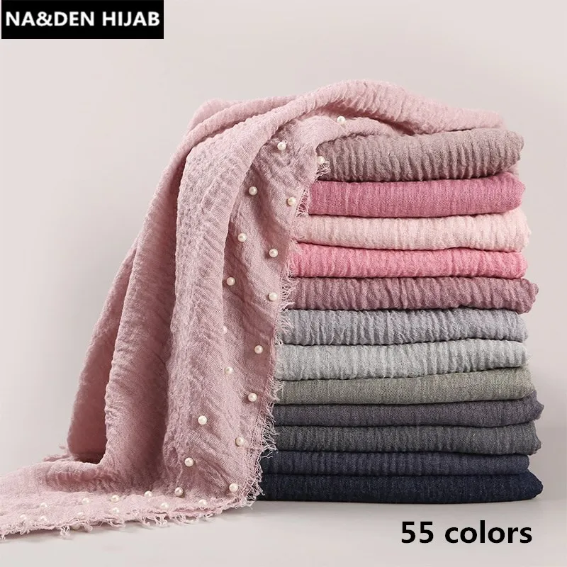 

NEW Bubble soft solid fringes women scarf one side pearls nice beads hijabs popular muffler shawls pashmina muslim wraps 10pcs