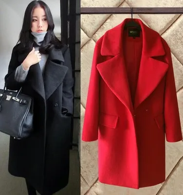 

Office Lady Women Long Wool Blend Coat Loose Single Breasted Cashmere Jacket Turn-down Collar Ladies Coats