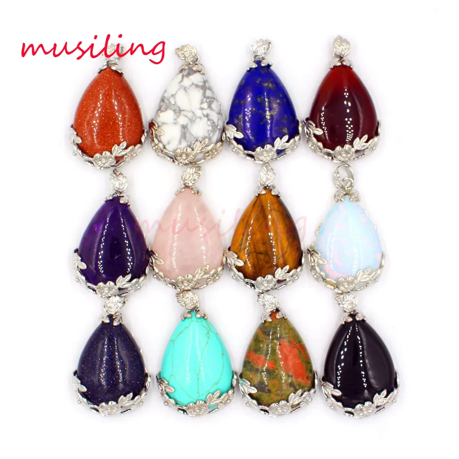 

Natural Gem Stone Water Drop Reiki Pendulum Pendant Charms Silver Plated Flower European Trendy Classic Jewelry 10X Mix Order