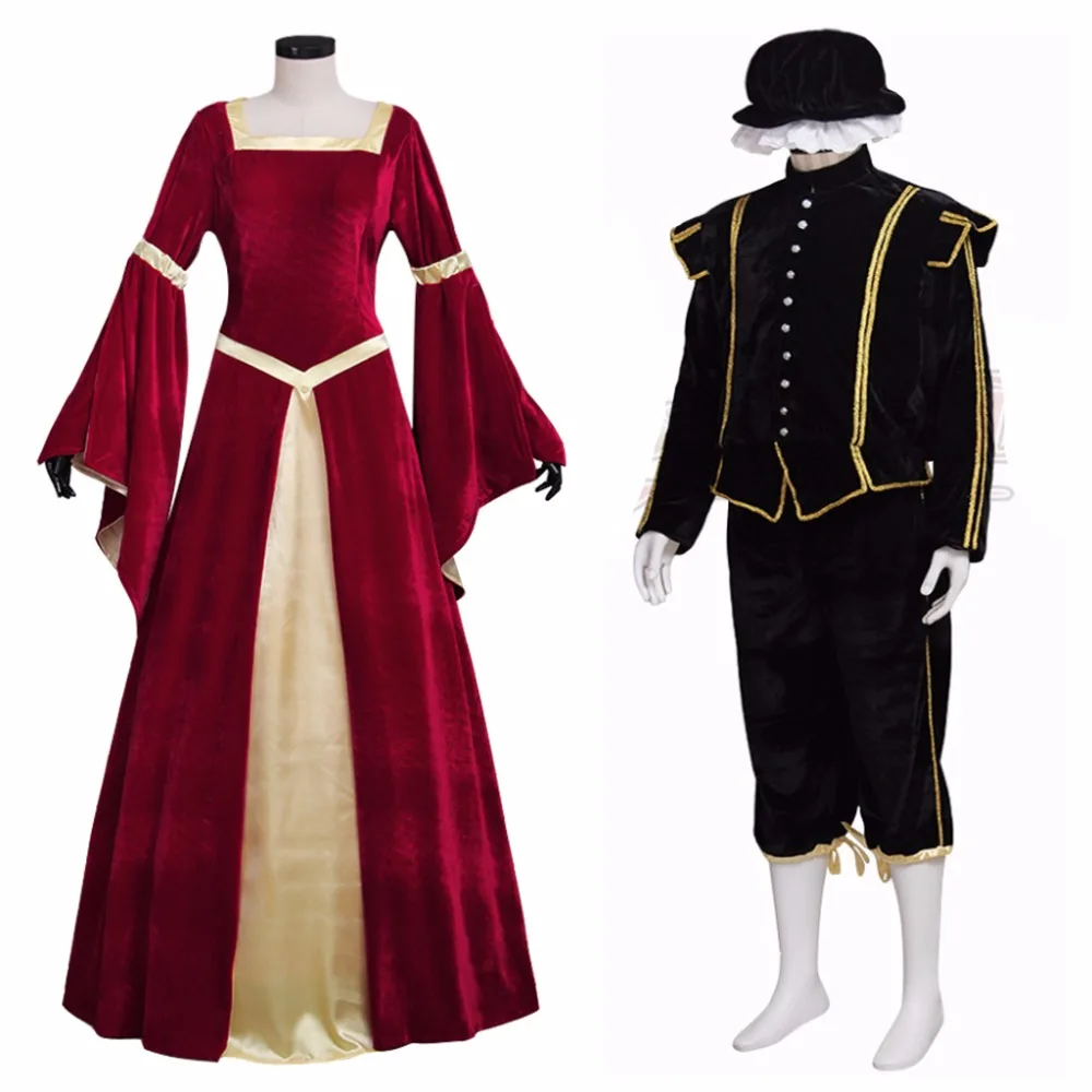 

Cosplaydiy Medieval Women Velvet Dark Red Trampet Sleeves Dress Adult Mens Black Velvet Suit Couples Fancy Party Wedding Costume