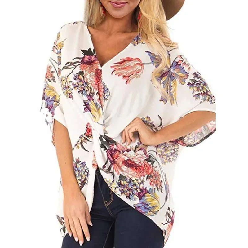 LISALA плюс размер 2XL летняя шифоновая блуза женские Топы boho блуза цветочный принт свободный v-образный вырез рукав «летучая мышь» blusa mujer