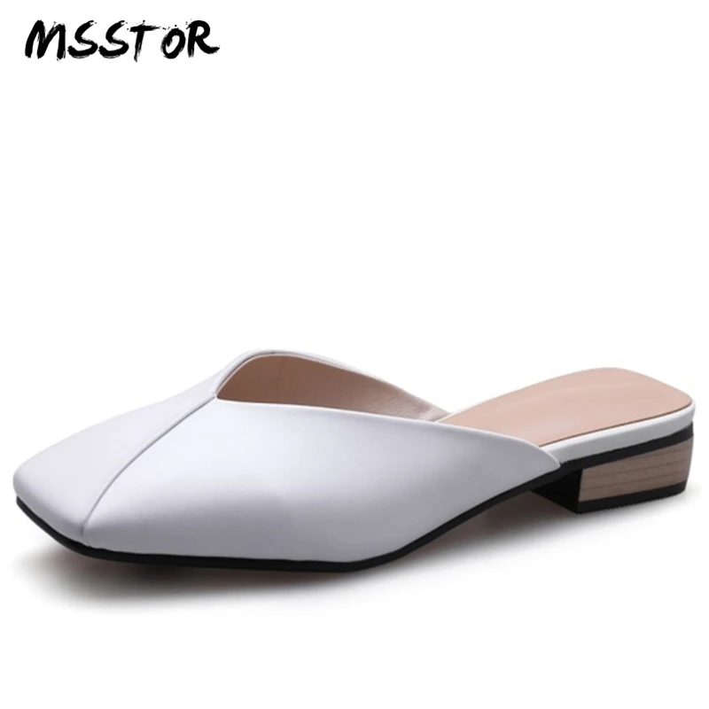 

MSSTOR Square Toe Black Women Shoes 2018 Casual Genuine Leather White Outside Rubber Summer Shoes Concise Fashion Women Slippers