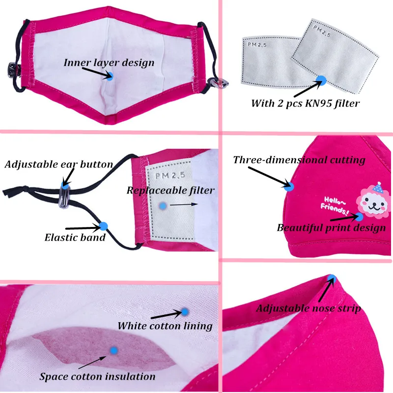 Хлопковая детская маска для рта с милым мультяшным животным, противопылевая, PM 2,5, детская маска для лица с 2 фильтрами из активированного угля