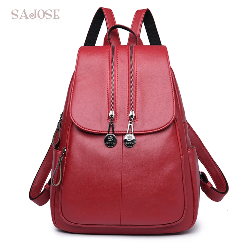Women Leather backpack Red Shoulder Bag High Quality Female Fashion