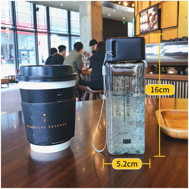 300ml Small Square Plastic Water Cup with Lid Portable Female Student Summer Hand Cup Leakproof Simple Transparent Bottles
