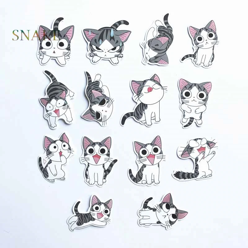 

14pcs Cheese cat Car Sticker PVC Cute Kitty suitcase skateboard laptop stickers motorcycle DIY Home Decor Decal kids toy decals