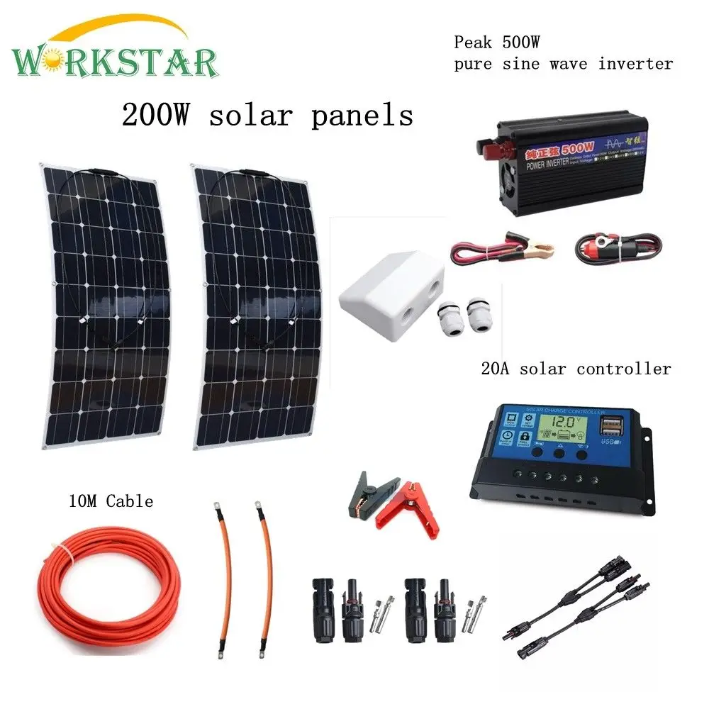 WORKSTAR 200 Вт солнечная система для начинающих 2X100 солнечные панели 500 инвертор с