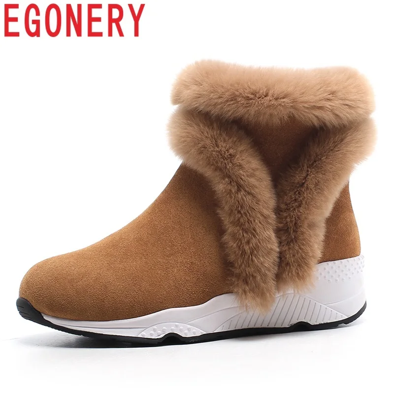 

EGONERY snow boots newest solid cow suede round toe med wedges slip-on winter warm concise casual black and brown women booties
