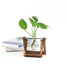 Hydroponic Plant Home Decoration Drop Shape Hanging Glass Vase Nursery Pot with Solid Wood Frame