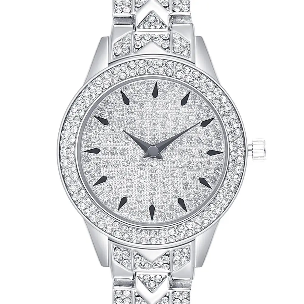 

Luxury Ladies Quartz Watch Full Crystal Stones Women Clock Rhodium Gold Color Round Case Black Hands Drop Shipping