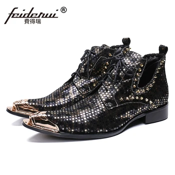 

New Stylish Man Metal Tips High-Top Footwear Pointed Toe Studded Rocker Shoes Genuine Leather Men's Riding Ankle Boots SL449
