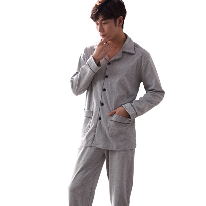 High Quality Spring 100Cotton Men's Pajama Set Long Sleeve Turn down