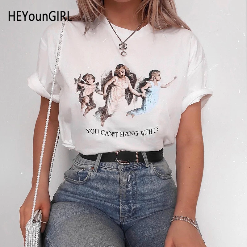 

HEYounGIRL Harajuku Printed Angel T Shirt Women Casual Short Sleeve Tee Shirt Female White Long T-shirt Streetwear Summer 2019