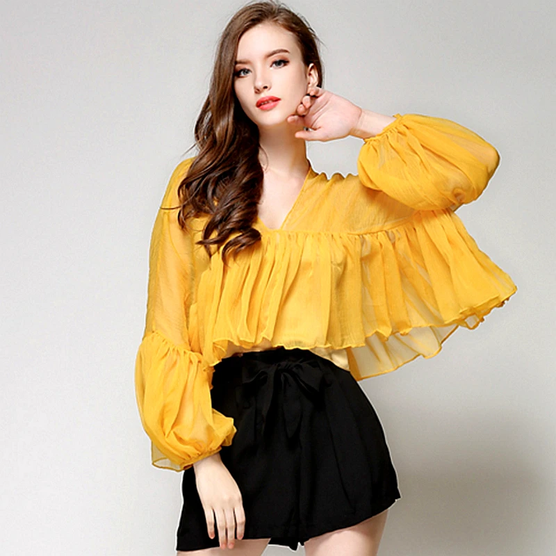 Loose Puff Sleeve Blouses Women Perspective Solid Chiffon Ruffles V ...