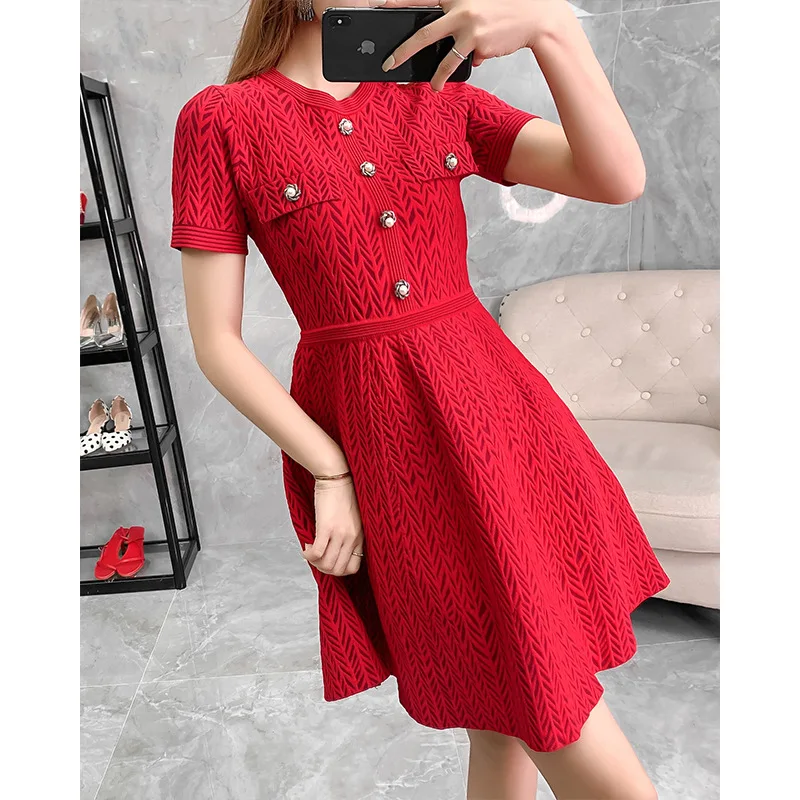 Высокое качество, вязаное платье, Осень-зима, длинный свитер, платье для женщин, расшитое бисером, пуговицы, короткий рукав, облегающее, облегающее, красное платье-джемпер