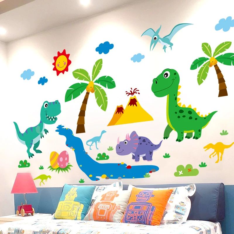 

[shijuekongjian] Cartoon Dinosaur Animals Wall Stickers DIY Coconut Tree Wall Decals for House Kids Room Baby Bedroom Decoration