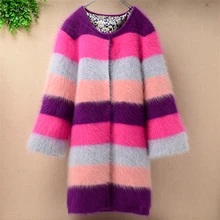 Утепленный теплый зимний Пушистый меховой норковый кашемировый полосатый цветной кардиган для женщин тонкий Ангорский меховой свитер пальто