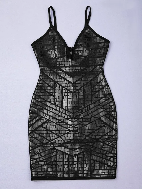 Celebrity Black Leather Print Knee Length Deep V Neck Bandage Dress