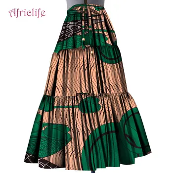 

African Women Dress Ankle Length African Print Cotton Clothing With Belt Unique Ankara Loose Half Pleated Skirt WY4576