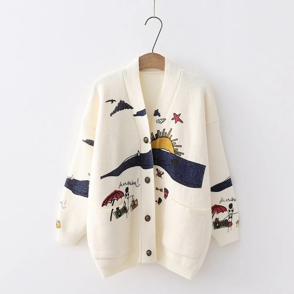 New Cartoon Knit Sweaters Women Cardigans Harajuku Embroidery Sweater Single Breasted V-neck Casual Loose outerwear Long Sweater