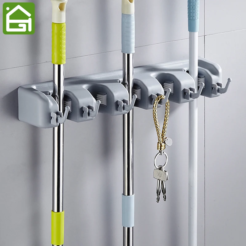 

Broom Mop Holder with Hooks Multipurpose Wall Mounted Organizer Hanger for Bathroom Kitchen