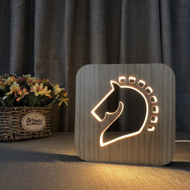 

3D Wooden Lamp Creaitive Night Light Horse Shape Decorative Night Lamp Customized LED Lighting Gift USB LED Decor Lamp IY801101