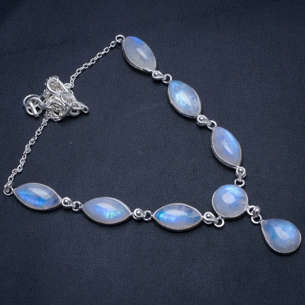 

Natural Rainbow Moonstone Handmade Boho 925 Sterling Silver Y Necklace 17.5" T8609