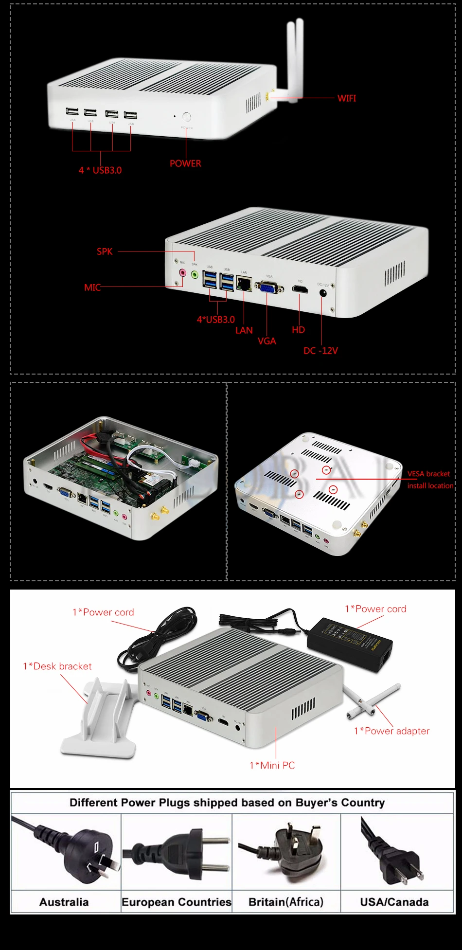 2* DDR4 M.2 Nuc безвентиляторный мини ПК Intel Core i7 8565U/7560U i5 8250U/7260U 8* USB+ Msata+ 2,5 ''SATA 4K HTPC неттоп HDMI DP с wifi