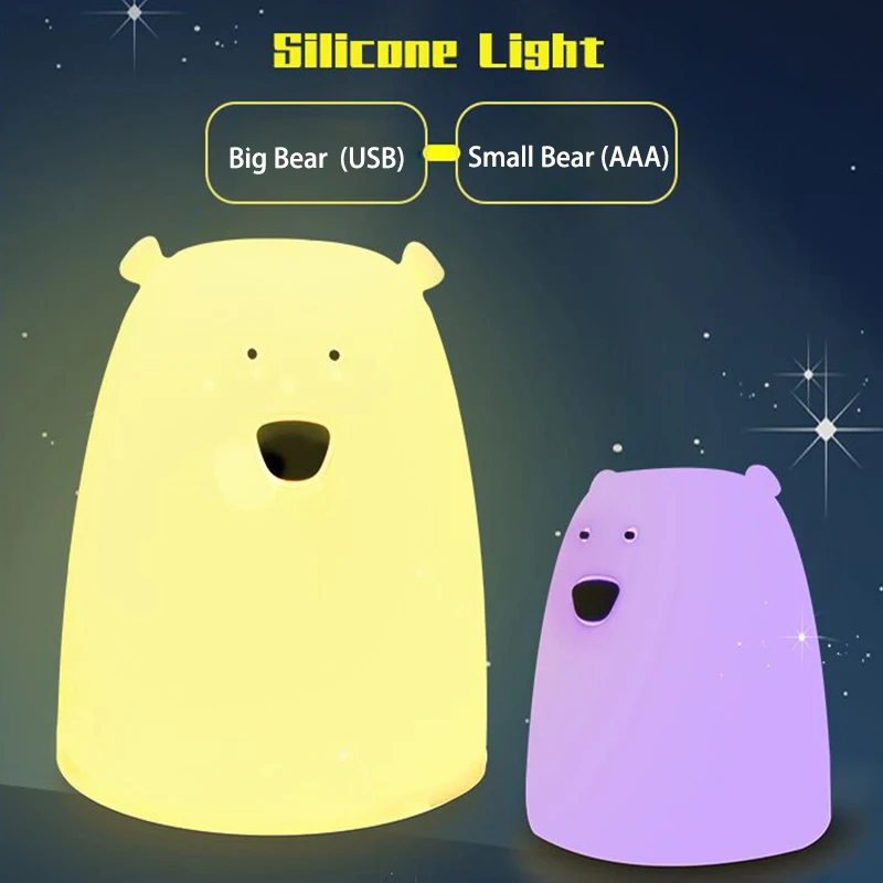 

Night light Colorful Bear Silicone lamp Children Animal Soft Cartoon for Baby gift Nursery Lamp Breathing USB LED Night Light