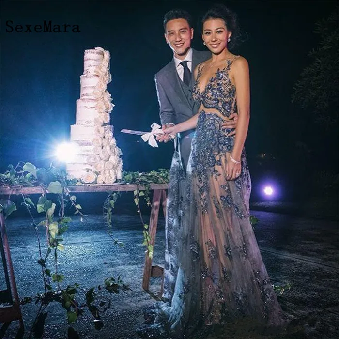 

Sexy Lady Prom Dresses Blue Appliques Sequins 2019 Mermaid Dress Evening Wear Sweep Train Tulle Women Party Gown Custom Size