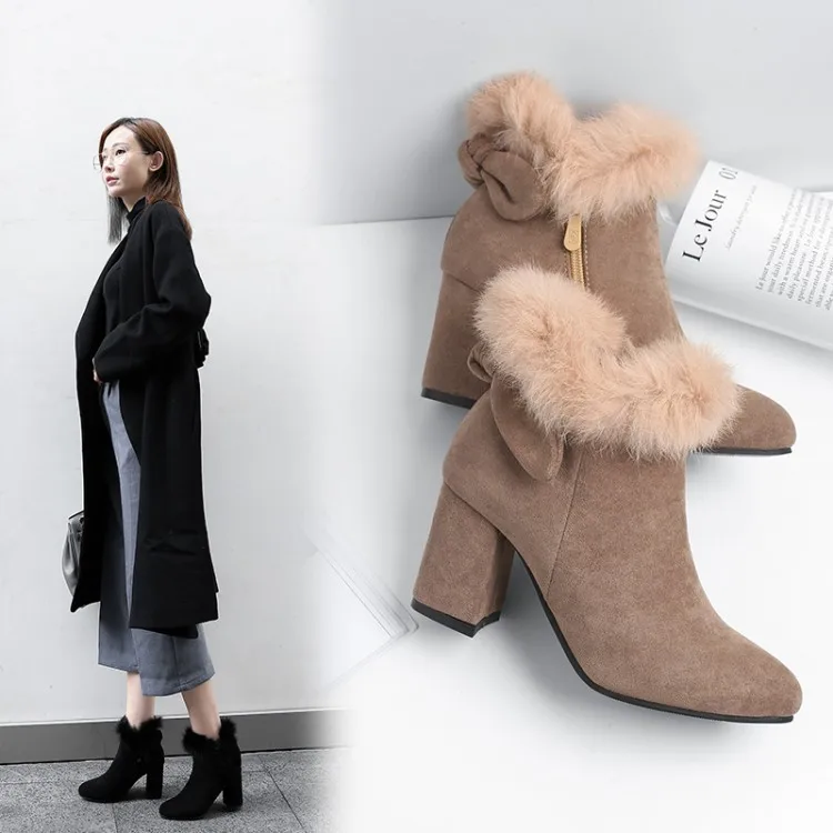 Womens Pointed Toe Booties Shoes Korean Bow Thick High Heel Large Size Fashion Ankle Boots Black Khaki Grey21