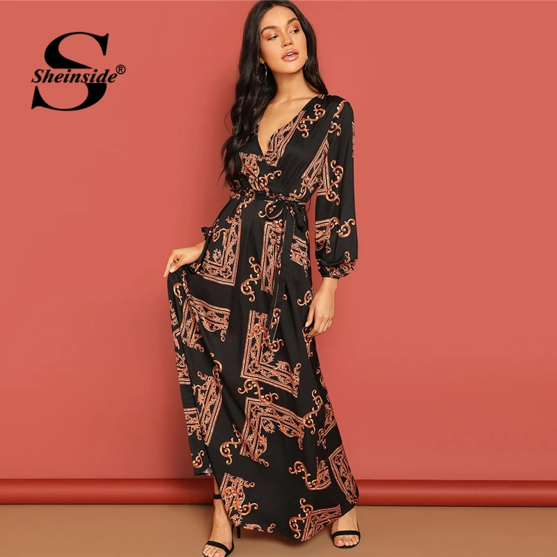 

Sheinside Scarf Print Belted Women Maxi Wrap Dress Elegant A Line Long Party Dresses 2019 Autumn Fit & Flare V Neck Ladies Dress