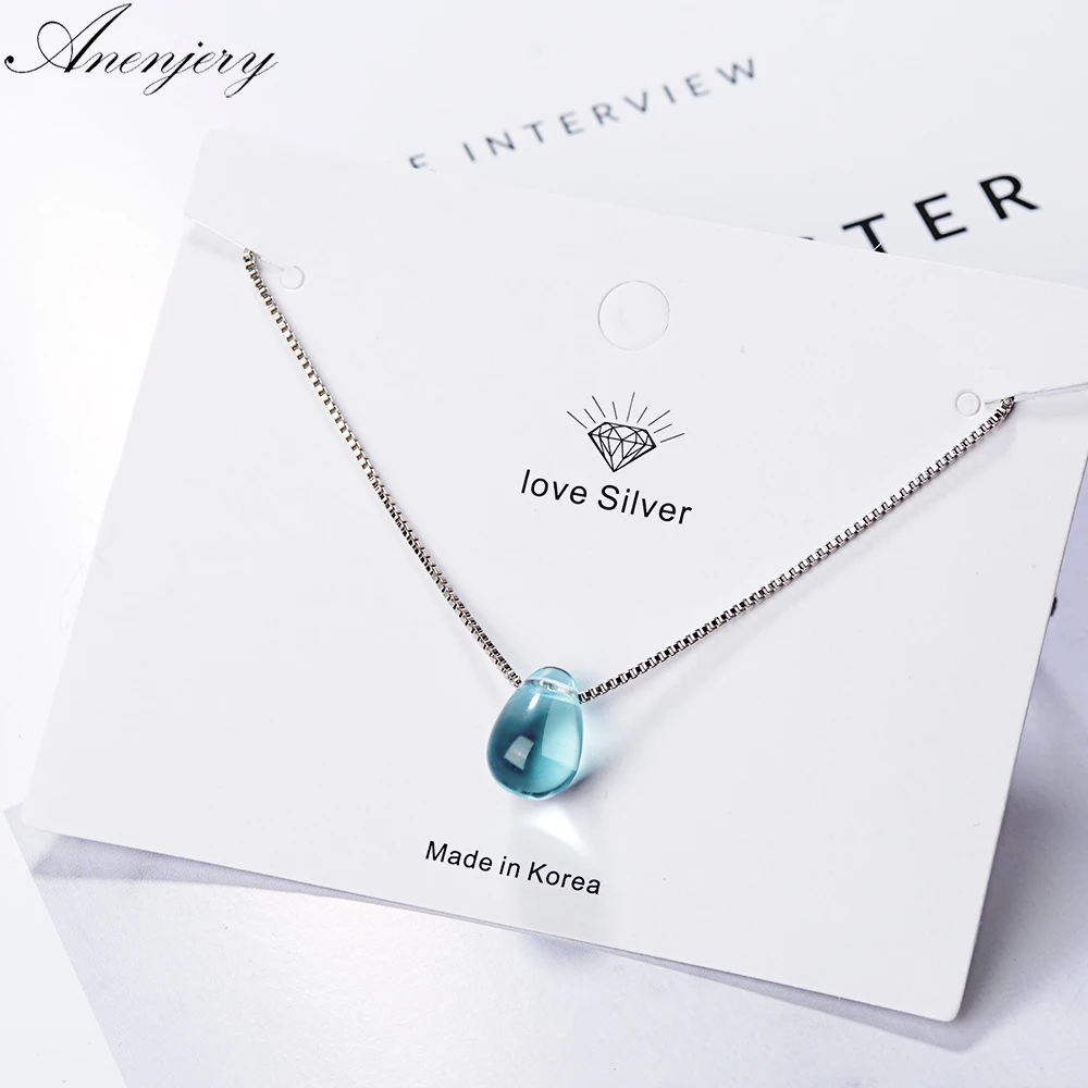 

Anenjery Literary Artificial Blue Crystal Water Drop Necklace 925 Sterling Silver Clavicle Chain Necklace For Women Girl S-N292