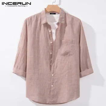 

INCERUN Vintage Mens Shirt Cotton Plain Loose 3/4 Sleeve 2020 Lapel Neck Camisa Masculina Harajuku Chic Brand Casual Shirts Men