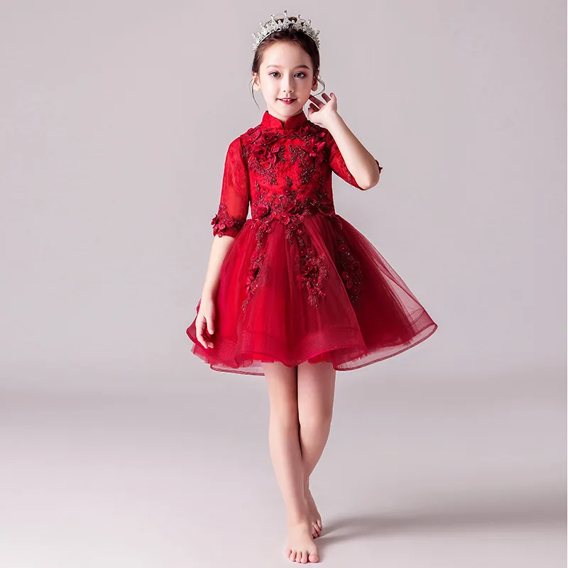 Свадебное платье в китайском стиле с изысканным розовым цветком для девочек; детское праздничное платье принцессы; праздничное платье для дня рождения; праздничное платье для причастия - Цвет: Burgundy D