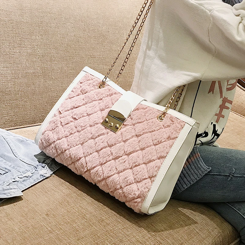 

2018 New Fahion Velvet Bag Quilted Women Shoulder Bag Designer Clutch Famous Brands Chain Female Handbag Pink Kawai Rhombus Tote