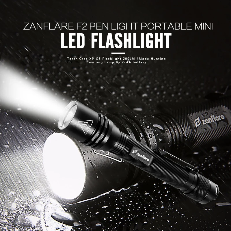 

Zanflare F2 Pen Light Portable Mini LED Flashlight Torch Cree XP-G3 Flashlight 200LM 4Mode Hunting Camping Lamp By 2xAA battery