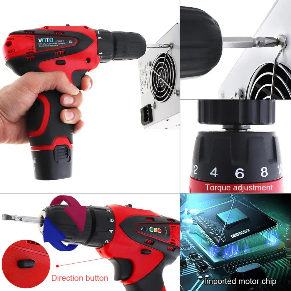 Электрическая отвертка VOTO AC 100-240 V Cordless 12 V с кнопкой регулировки двух скоростей для пробивая/обрабатывая винтов