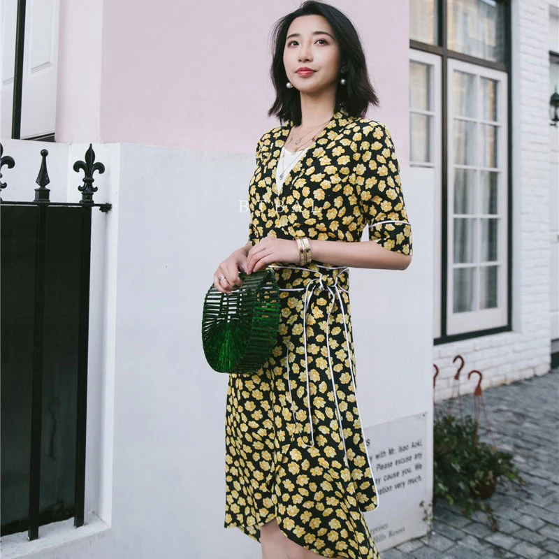 black and yellow wrap dress