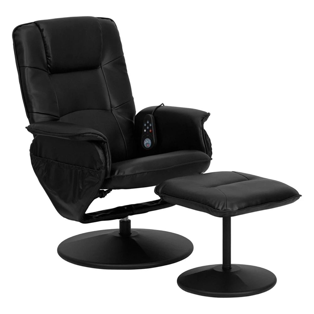 Flash Furniture Massaging Black Leather Recliner and Ottoman with Leather Wrapped Base [863-BT-753P-MASSAGE-BK-GG]