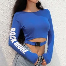 Spring and summer new style European and American wind bag buckle hollow top Women's short long sleeve top