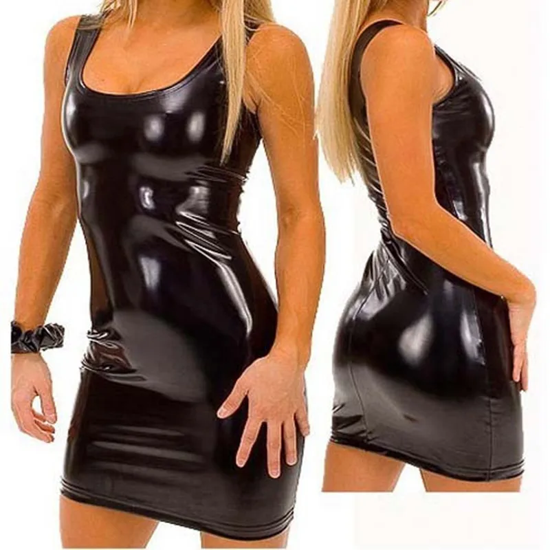 

S-XXXL Women PVC Bandage Dress Latex Patent Leather Dress Sexy Party Bodycon Women's Wet Look Clubwear Mini Dress Black Catsuit