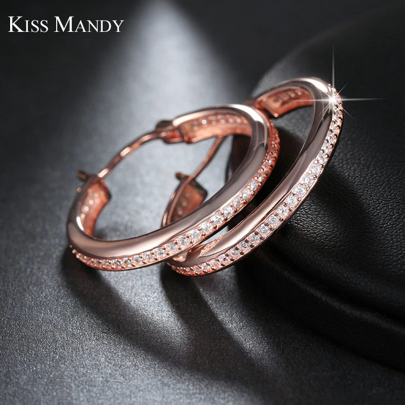 Женские серьги кольца KISS MANDY Серебристые с блестящим цирконием цвет под золото