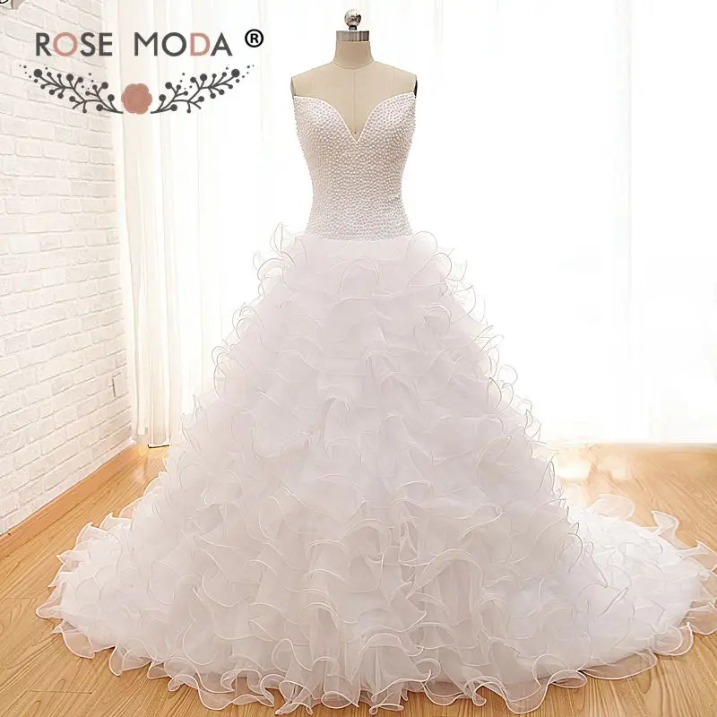 

Rose Moda Luxury Pearl Ball Gown V Neck Organza Wedding Dress Arabic Dubai Wedding Dresses 2019